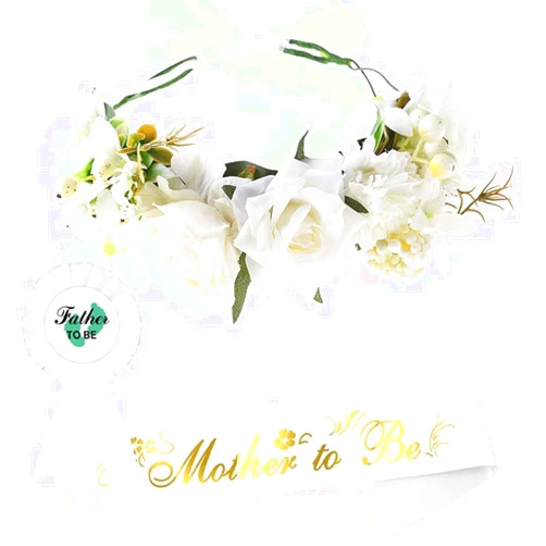 Ulfanit Baby Shower Decorations for Mom to Be - Set of 3 Adjustable Flower Crown Tiara, Sash for Mommy and Pin for Daddy, White Gender Reveal Party Gift Favors for Expectant Parents