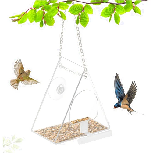 Viabty Transparent Acrylic Window Bird Feeder for Outdoors, Wild Bird Feeders with Hanging Chain and Strong Suction Cup, Squirrel Proof Decorate Triangle Bird Feeders for Finch, Warblers, Hummingbirds