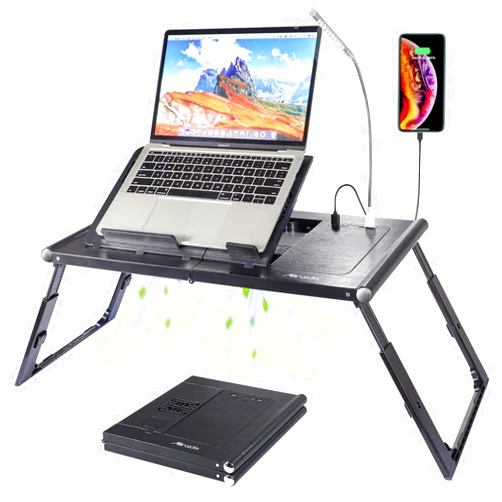 Allinside Foldable Laptop Desk, Adjustable Laptop Desk Bed Tray Tablet, Portable iPad Table with Cooling Fans Built-in 10000mAh Rechargeable Power Bank and USB LED Light for Working, Reading - Black