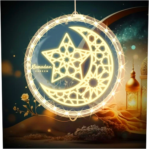 Heureppy 3D Eid Ramadan Lights Islam Eid Mubarak Moon Star Window Hanging Lights Eid Ramadan Kareem Decorations for Home Indoor Window Wall Bedroom Party Hanging Decor Islamic Muslim Eid al-Fitr Decoration