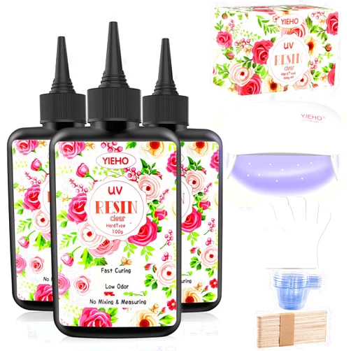 YIEHO 300g UV Resin Kit with Light-Upgraded Crystal Clear Hard UV Curing Premixed Epoxy Resin Starter Supplies for Art Craft Beginner Jewelry Making with Lamp