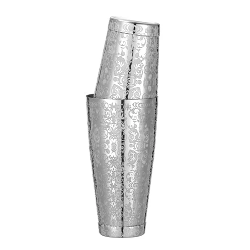 Cocktail Geek Stainless Steel Boston Shaker with Etched Pattern Weighted Shaking Tin Set (Spirit Silver)