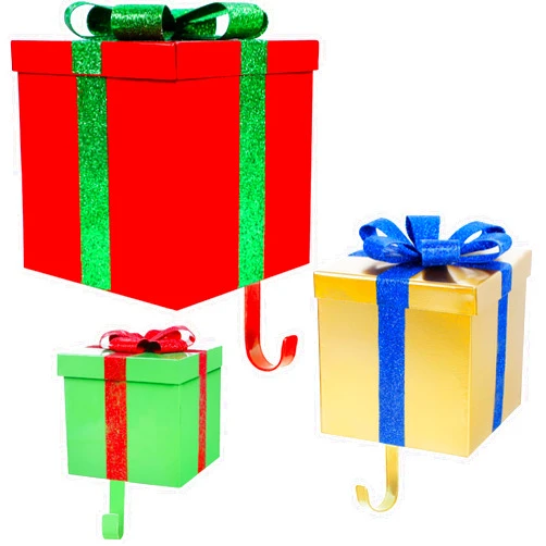 Zcaukya Christmas Stocking Holders, Set of 3 Metal Glittered Gift Box Stocking Hanger with Removable Hooks for Mantel Ornament Xmas Holiday Festival Decor, Red & Green & Golden