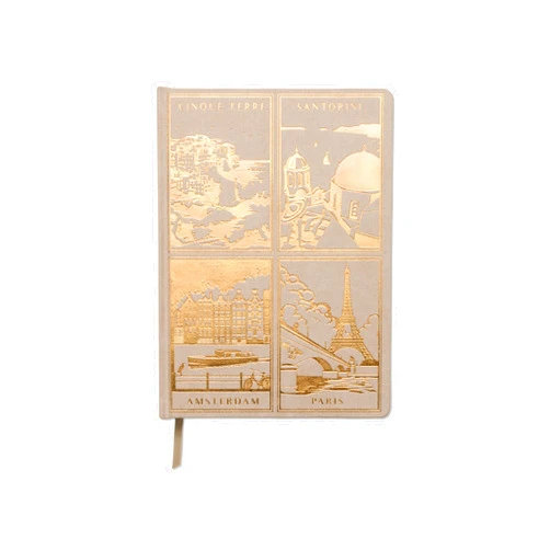 DesignWorks Ink Suede Cover Anderson Design World Travel Journal Notebook with 192 Lined Pages and Satin Marker, Gold Foil, 7.5