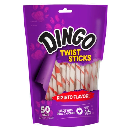 Dingo Twist Sticks 50 Count, Rawhide For Dogs, Made With Real Chicken, 50 Count (Pack of 1)