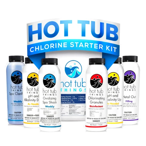 Hot Tub Things Chlorine Starter Kit - Spa Maintenance, Eliminate Cloudy Water, Hot Tub, Jacuzzis, Includes Chlorine Granules, Test Strips, Alkalinity Up & Down, Clarifier, Metal Out, & Oxidizer
