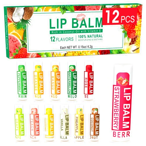 DMSKY 12 Pack Lip Balm, Natural Lip Balm Bulk with Vitamin E and Coconut Oil, Moisturizing Lip Balm for Dry Cracked Lips, Lip Balm for Stocking Stuffers - 12 Flavors