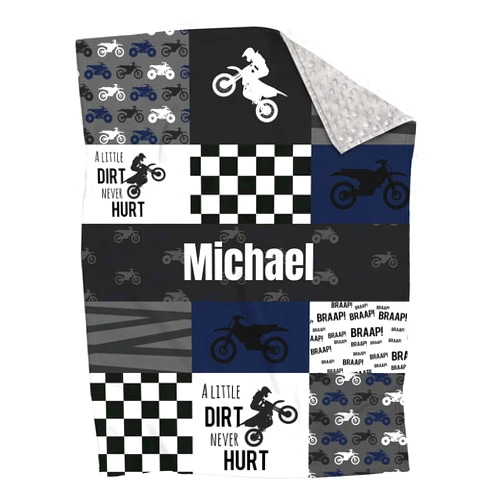 Munific Personalized Motocross Minky Baby Blankets with Name, Custom Dirt Bike Patchwork Design Blankets for Boys Kids - Registry Gifts - Soft Plush Infant Toddler Baby Newborn Blanket
