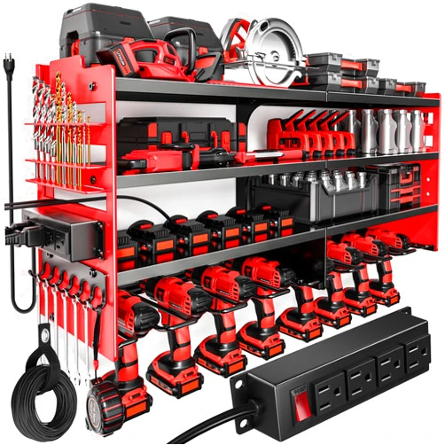 POKIPO Large Power Tool Organizer Wall Mount with Charging Station,4 Layer Heavy Duty Metal Tool Storage Shelf Loads 600lbs,Battery Utility Rack With 4 Outlet Power Strip with 8 Cordless Drill Holder