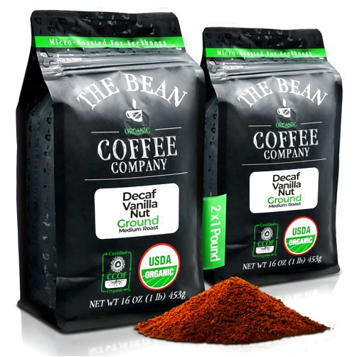 The Bean Coffee Company The Bean Organic Coffee Company Water Processed DECAF Vanilla Nut, Medium Roast, Ground Coffee, 16-Ounce Bags (Pack of 2), Café Molido Tostado Orgánico descafeinado