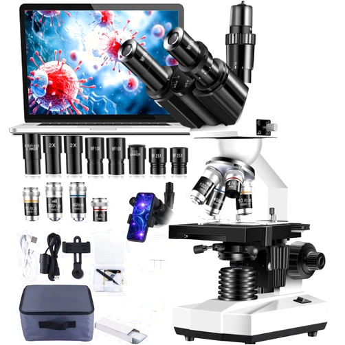 Woehrsh Trinocular Microscope 40X-5000X Magnification, Microscope for Adults, Laboratory Grade with Dual Mechanical Stage and HD USB Camera Microscope (Adult Trinocular Microscope with Electronic Eyepiece)