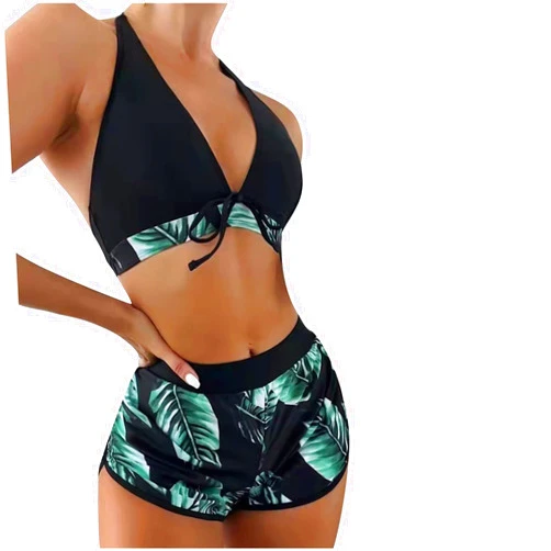 XUNRYAN Women's 3 Piece High Waisted Hawaiian Tropical Print Halter Bikini Swimsuit Bathing Suit Briefs with Boyshorts