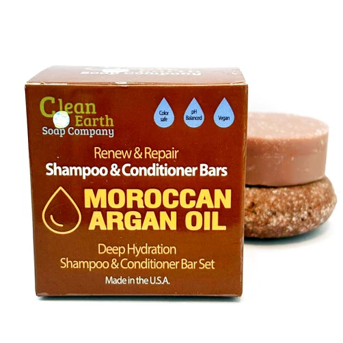 Clean Earth Soap Company Moroccan Oil Shampoo Bar and Conditioner Bar Set - Hydrating Solid Shampoo Bars and Conditioner Bars Restore & Repair Dry, Damaged Hair. Safe For Colored Hair. Made In USA