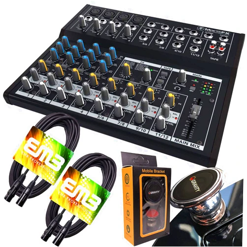 Mackie Mix12FX 12-channel Compact Mixer with Effects with Pair of EMB XLR Cable and Gravity Magnet Phone Holder Bundle