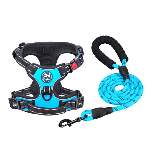 PoyPet Dog Harness and Leash Combo, Escape Proof No Pull Vest Harness, with 5 Feet Leash, Reflective Adjustable Soft Padded Pet Harness with Handle for Small to Large Dogs(Blue,M)