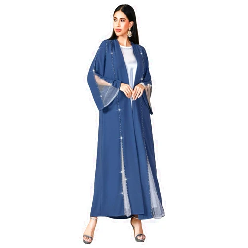 Ami.Todfo Elegant Beaded Abaya Robe, Open Front Long Sleeve Maxi Outerwear, Modest Cover-Up with Crystal Trim, NO INNER, Blue