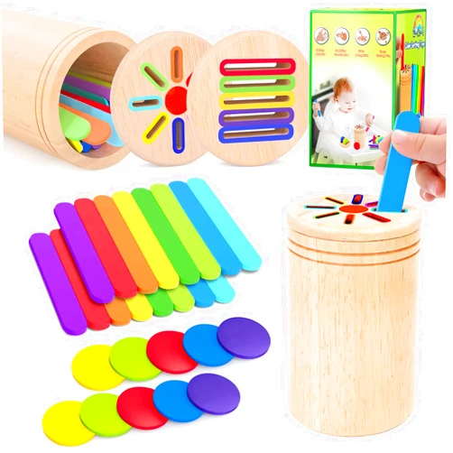 AIZIYUO Montessori Toys for Toddlers,Wooden Learning Color Shape Sorting Toy for Baby,2-in-1 Wood Stick Coin Educational Fine Motor Developmental Sensory Matching Games,1 2 3 Year Old Girl Boy Child Gifts