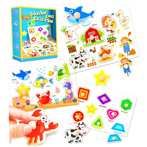 SIERLIKY Wooden Peg Puzzles for Toddlers,Montessori Toddler Puzzles for Child,Fine Motor Skill Learning Puzzles Toys for Baby Boys Girls Gifts-3 Pcs Shape,Farm,Sea Animal