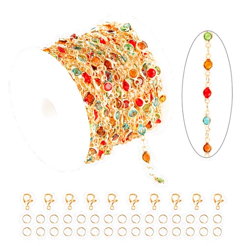KYUNHOO 5M Colorful Crystal Rhinestones Jewelry Chain Link Gold Plated Brass Chain Bulk for Women Necklace Making Jewelry Supplies DIY Handcrafts with Lobster Clasps and Jump Rings