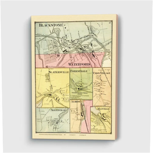 MG Global Vinage Canvas Print of Smithfield Villages Rhode Island 1870 North Blackstone Waterford Slatersville | 8x12 12x18 16x24 20x30 24x36 Historical City Wall Art Gift | Antique Home Office Decor