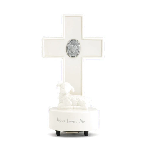 DEMDACO Heart Cross with Little Lamb 8 inch White Musical Figurine Plays Jesus Loves Me