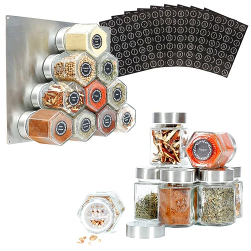 Art Secret 16-Pack Magnetic Hexagon Spice Jars with Upgraded Sealed Magnet Lids, Stainless Steel Wall-Plate, Inner Sifter Pour Insert, and 394 Labels - 4 oz Glass Jars for Kitchen, Pantry, RV (Patented Design)