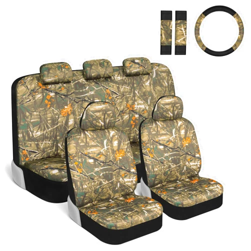 BDK Hunter Camo Car Seat Covers Full Set with Camo Steering Wheel Cover and Seat Belt Cover Pad – Forest Camouflage Pattern, Automotive Front Seat & Bench Back Seat Cover for Cars Trucks SUV