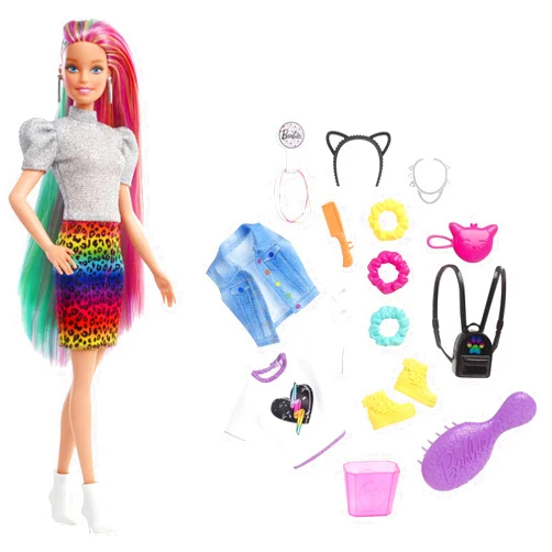 Barbie Doll Leopard Rainbow Hair with Color-Change Highlights & 16 Styling Accessories Including Clothes, Scrunchies, Brush & More