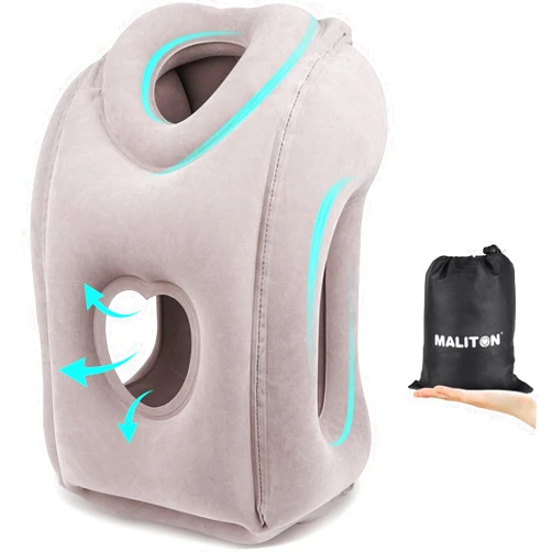 Maliton Inflatable Travel Pillow for Airplane Comfortable Sleeping to Relieve Neck and Shoulder Pain, Support Head Inflatable Pillow for Long Flights, Used for Airplanes, Cars, Trains, Office(Grey)