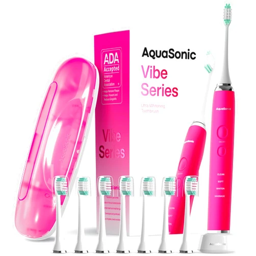 Aquasonic Vibe Series Ultra-Whitening Toothbrush – ADA Accepted Electric Toothbrush - 8 Brush Heads & Travel Case – 40,000 VPM Motor & Wireless Charging - 4 Modes w Smart Timer – Electric Pink