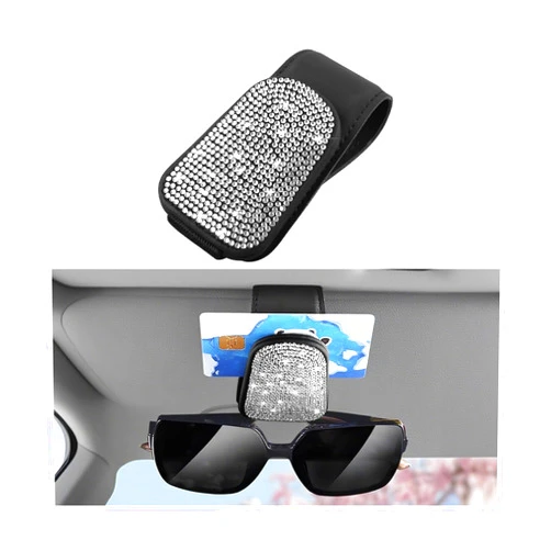 HZEL Bling Sunglass Holder for Car Sun Visor, Magnetic Leather Crystal Rhinestones Vehicle Eyeglasses Visor Clip, Diamond Automotive Glasses Hanger Mount, Universal for SUV RV Truck (Black/White)
