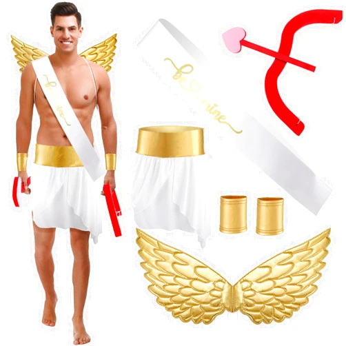Cozypower Halloween Cupid Costume for Adult Men Includes Wings Arrow Bow Wrist Cuffs Body Sash Kilt for Halloween Dress Up