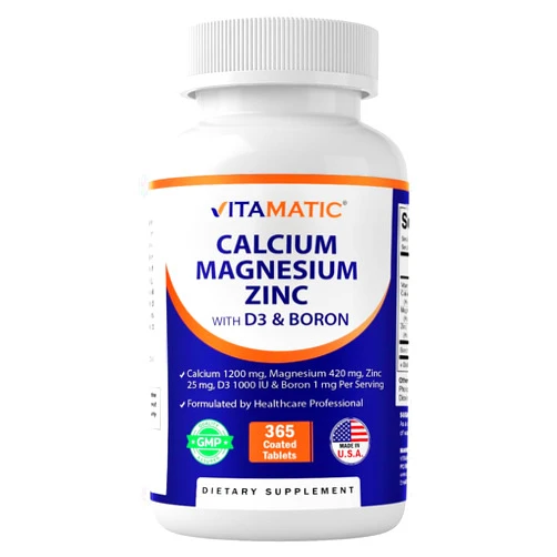 Vitamatic Calcium Magnesium Zinc D3 Boron | 365 Coated Tablets Supplement | Calcium 1200 mg, Magnesium 420mg, Zinc 25mg, Vitamin D3 1000 IU, Boron 1 mg | Non-GMO | Gluten Free | Made in USA