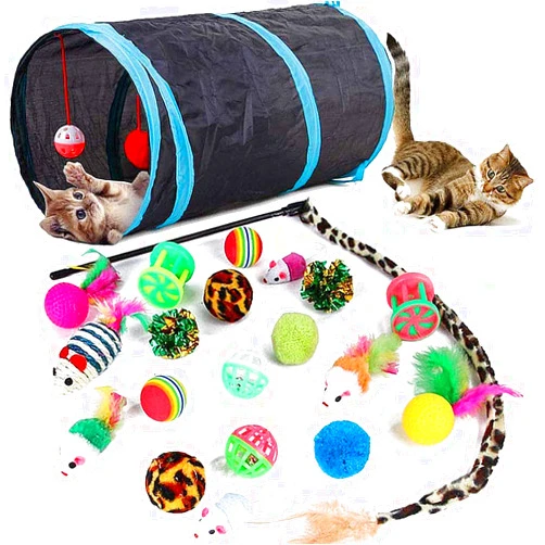 Speedy Panther 21 Pcs Cat Toys for Indoor Cats Collapsible Cat Tunnel Interactive Feather Teaser Wand Ball Toy for Kitten Cats