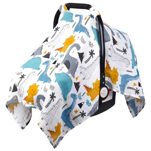 Rquite Car Seat Cover Baby, Carseat Covers Baby for Girl Boy, Muslin Cotton Infant Car Seat Cover, Lightweight Car Seat Canopy, Breathable Baby Carrier Cover, Summer Stroller Sun Shade, Dinosaurs