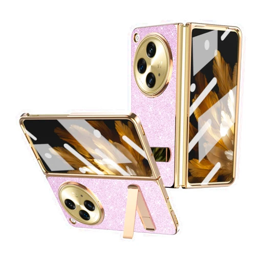 ZORSOME for Oneplus Open Bling Glitter Hinged Stand Case for Girls Women,Luxury Bling Full Protecive Shockproof PC Case Cover for Oneplus Open,Pink