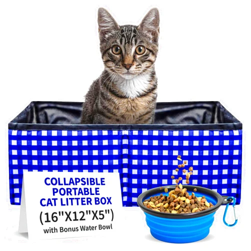 Pet Fit For Life - Vibrant Collapsible Travel Cat Litter Box - Portable, Foldable, Compact Design with Bonus Water Bowl - Ideal for Car & Camping - Reusable, Cats Safe - Blue, (16