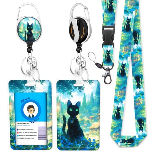 Giancomics Lanyards for Id Badges, Black Cat ID Badge Holder with Lanyard Badge Reel Retractable, Anime Lanyard with ID Holder Keychain Clip Name Tag Cute ID Card Holder for Teacher Women Work Office