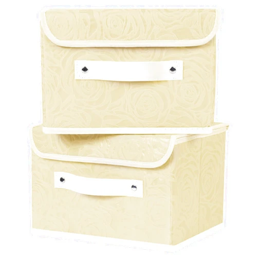ANMINY 2PCS Fabric Storage Bin with Lid Rose Print Box Basket with PU Leather Handles Washable PP Plastic Board Decorative Foldable Lidded Shelf Cubes Closet Organizer Container - Beige, Small Size