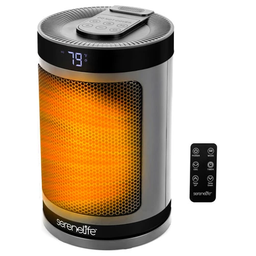 SereneLife Portable Space Heater – 1500W PTC Ceramic Electric Heater with Thermostat, Remote, 12-Hour Timer, 3 Heating Modes, Oscillation, Safe & Quiet for Home, Office, Bedroom (Gray)