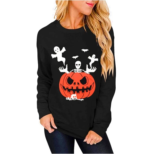 Zarmfly Women's Halloween Costume Pumpkin Skeleton T-Shirt Funny Long Sleeve Pullover Tops for Ladies