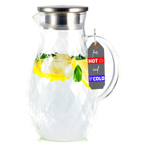 PJCKitchen Borosilicate Glass Pitcher with Lid and Spout - 68 Ounces Cold and Hot Water Carafe with Unique Diamond Pattern, Beverage Pitcher for Homemade Iced Tea and Juice.