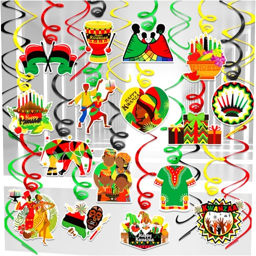 HOWAF Happy Kwanzaa Hanging Swirls Decorations, African Heritage Holiday Foil Swirls Ceiling Decoration, Kwanzaa Party Hanging Spirals Cutouts for African American Party Supplies, 30 Pcs