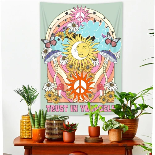 Moyrisou Aesthetic Retro Vintage Tapestry Wall Hanging 70s Hippie Boho Bohemian Tapestries with Trippy Mushroom Butterfly Moth Daisy Peace Sign, Celestial Sun Moon Wall Art Decor for Bedroom Dorm 40X60IN