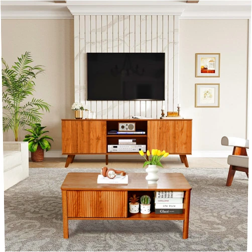 Affeivul TV Stand and Coffee Table Set, Rectangle Fluted Coffee Table and TV Stand with Storage and Sliding Doors, Light Wood Coffee Table and TV Stand Set, Mid Century Modern Rustic Style (Walnut)