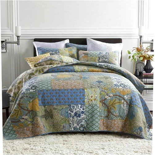 ENASAL Cotton Bedspread Quilt Sets Reversible Bedding Coverlet Sets Comforter, Patchwork Vintage Floral Paisley Farmhouse Pastoral Turquoise Bedspread, King Size