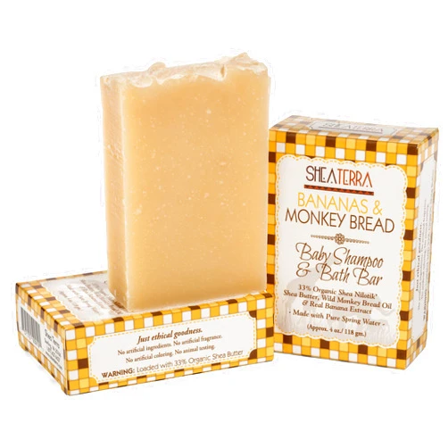 Shea Terra Organics Mama and Baby Collection | Bananas & Monkey Bread Baby Shampoo & Bath Bar| Non Toxic All Natural Cleanser with Baobab and Shea Butter for Gentle and Sting-free Daily Wash – 4oz