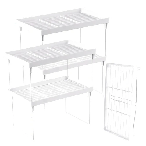 NiHome 4-Pack Stackable Plastic Kitchen Storage Shelf Foldable Rack - White Kitchen Cabinet Organizer and Storage Shelves Stackable Expandable Storage Racks for Counter Cabinet Pantry