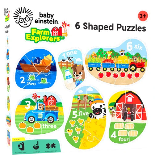 Masterpieces Baby Einstein Farm Explorers 6-Pack Mini Shaped Jigsaw Puzzles - Portable, Problem Solving - Age 6+