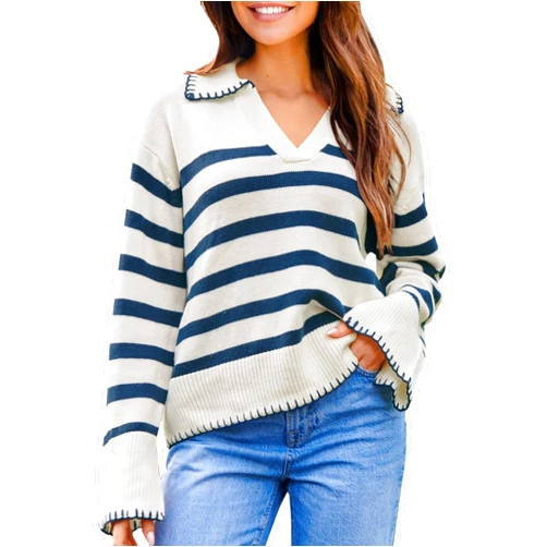 GRACE KARIN Womens Fall Fashion 2024 Sweater Long Sleeve Striped Contrast V Neck Knit Pullover Tops Trend Outfits